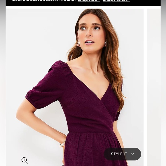 NWT Loft Crinkle Flounce Puff Sleeve Dress in Color Sweet Beet - Picture 2 of 3